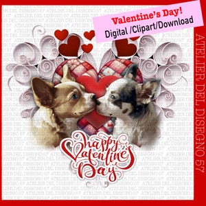 verliebter Chihuahua, Bild herunterladen 300Dpi, Valentinstag, Party für Verliebte, rote Herzen, Chihuahua-Paar, Party für Verlobte, Grußkarte