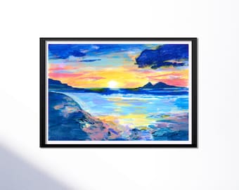 A4 Giclée Art Print / Sunset at Sennen Beach / Original Painting Art Print | HSIN-YI YAO