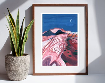 A3 A4 Giclée Art Print / Pink Mountains at Night / Original Painting Art Print | HSIN-YI YAO