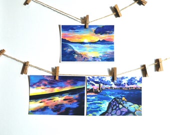 Set of 3 A6 Postcards / Stunning Sunset at Beach / Original Painting / Original Illustration Art Print / 330gsm Matte | HSIN-YI YAO