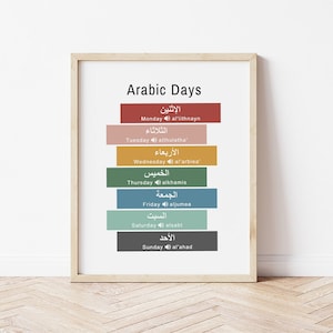 May include: A framed print displaying the days of the week in Arabic script, with English transliterations. Each day is represented by a coloured rectangular block. The frame is a light wood colour.