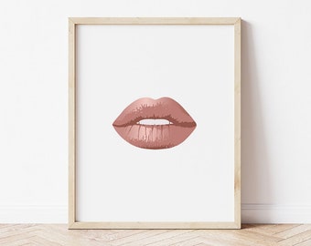 Stampa artistica con labbra color oro rosa: decorazione da salone femminile (download digitale)