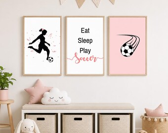 Fußball-Wanddeko-Set mit 3 Postern für Mädchenzimmer, digitaler Download, Sport, Pink, zum Ausdrucken