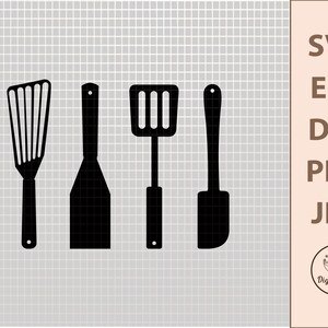 May include: Black silhouette of four kitchen utensils: a slotted spatula, a solid spatula, a slotted turner, and a rounded spatula. The image also includes the text "SVG, EPS, DXF, PNG, JPG" and a logo for Digital Bag.