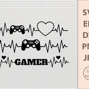 Puede incluir: Diseño gráfico en blanco y negro que presenta una línea de estilo latido del corazón con mandos de juego y un símbolo de corazón. También se incluye la palabra "GAMER". La imagen también incluye opciones de tipo de archivo: SVG, EPS, DXF, PNG y JPG.
