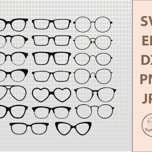 Puede incluir: Una colección de gafas negras en varios estilos, incluyendo formas rectangulares, redondas y de ojo de gato. La imagen también incluye el texto "SVG, EPS, DXF, PNG, JPG" y un logotipo.