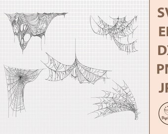 May include: Black and white illustrations of spiderwebs in various shapes and sizes. The image includes text that reads "SVG, EPS, DXF, PNG, JPG" and a logo for "Digital Bag Prints". The spiderwebs are detailed and appear to be hand-drawn.