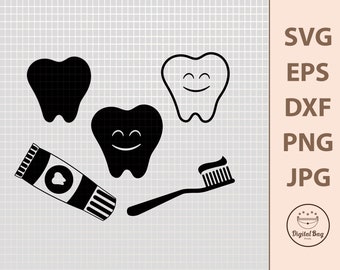 May include: Black and white dental-themed graphic elements. Includes tooth shapes, a tube of toothpaste, and a toothbrush. The image also contains the text "SVG EPS DXF PNG JPG".