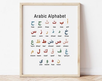 Affiche murale alphabet arabe, téléchargement numérique, alphabet arabe à imprimer, décoration pour chambre d'enfant musulmane, poster pour chambre d'enfant, style Montessori