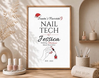 Personalized Nail Tech Christmas Wall Art Decor, Digital Download, Custom Name Beauty Salon Gift