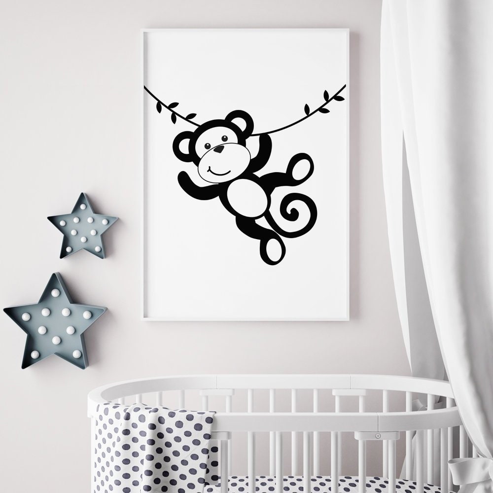 Monkey Wall Art Monkey Nursery Decor Monkey Print Swinging Etsy