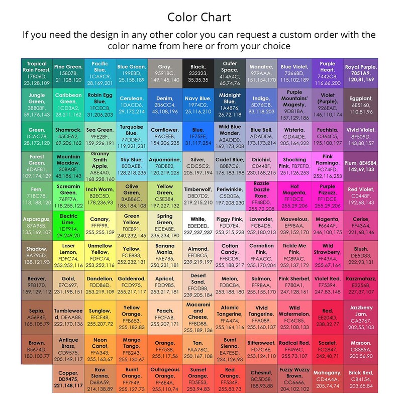 Pu&ograve; includere: Tabella dei colori con varie campionature di colore, ciascuna etichettata con un nome univoco e il relativo codice colore. La tabella &egrave; progettata per assistere nella selezione dei colori per progetti di design. Il testo in alto dice "Color Chart".