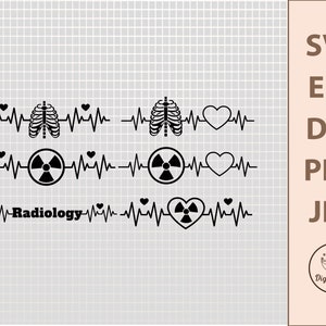 Könnte beinhalten: Schwarz-weiße medizinische SVG-, EPS-, DXF-, PNG- und JPG-Digitaldateien. Designs umfassen Herzschlaglinien mit Brustkörben, Strahlungssymbolen und Herzen. Das Wort "Radiologie" ist ebenfalls enthalten.