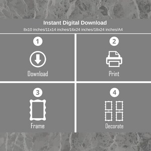 K&ouml;nnte beinhalten: Grafik zum digitalen Download mit Anweisungen zum Drucken und Einrahmen. Der Text lautet "Sofortiger digitaler Download" mit Gr&ouml;&szlig;enoptionen in Zoll und A4. Die Schritte umfassen Herunterladen, Drucken, Einrahmen und Dekorieren. Der Hintergrund ist marmoriert grau.