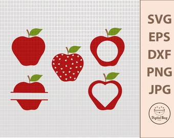 May include: A collection of red apple designs with green leaves, including solid, heart-shaped, and circle-shaped cutouts, and one with a horizontal bar. The image also includes file type options: SVG, EPS, DXF, PNG, and JPG.