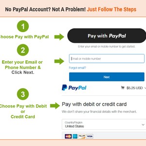 May include: A step-by-step guide on how to pay with PayPal, even without a PayPal account. The image shows three steps: choosing to pay with PayPal, entering an email or phone number, and choosing to pay with a debit or credit card.