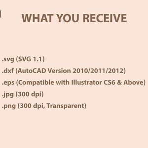May include: A beige graphic with the text "WHAT YOU RECEIVE" and a list of file formats: .svg, .dxf, .eps, .jpg, and .png. The .svg file is SVG 1.1, the .dxf is AutoCAD Version 2010/2011/2012, and the .eps is compatible with Illustrator CS6 & Above.
