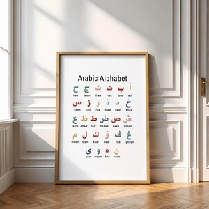 May include: A framed print featuring the Arabic alphabet in various colors. The title "Arabic Alphabet" is displayed at the top. The letters are arranged in rows, with English transliterations below each letter.