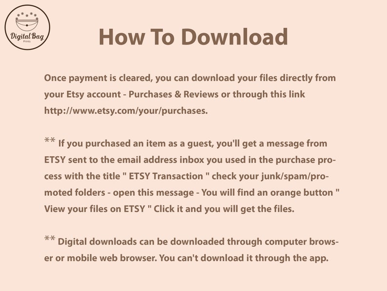 May include: A beige graphic with the text "How To Download" and instructions for downloading digital files from Etsy. The text explains how to download files after purchase, including a link to the Etsy purchases page.