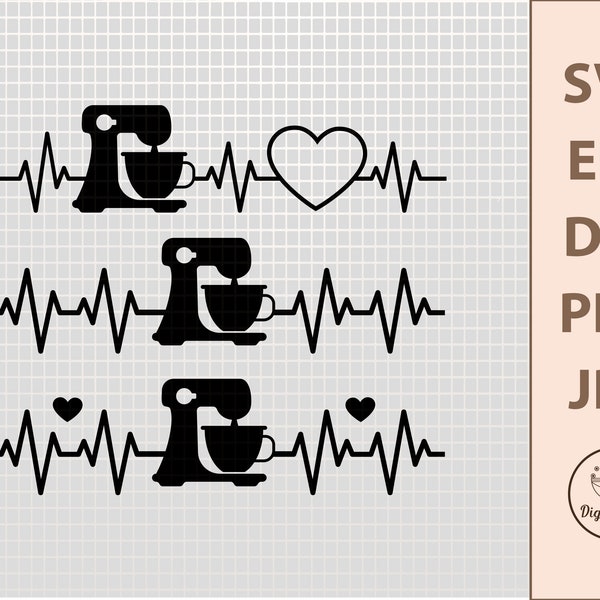 Mixer Heartbeat SVG, Baker SVG, Kitchen SVG, Svg Files For Cricut, Chef Svg, Bakery Svg, Baking Png, Ekg Svg, Cricut Svg, Baking Clipart