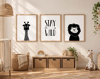 Boy Jungle Nursery Set Of 3 Digital Download | Black White Wall Art | Baby Decor