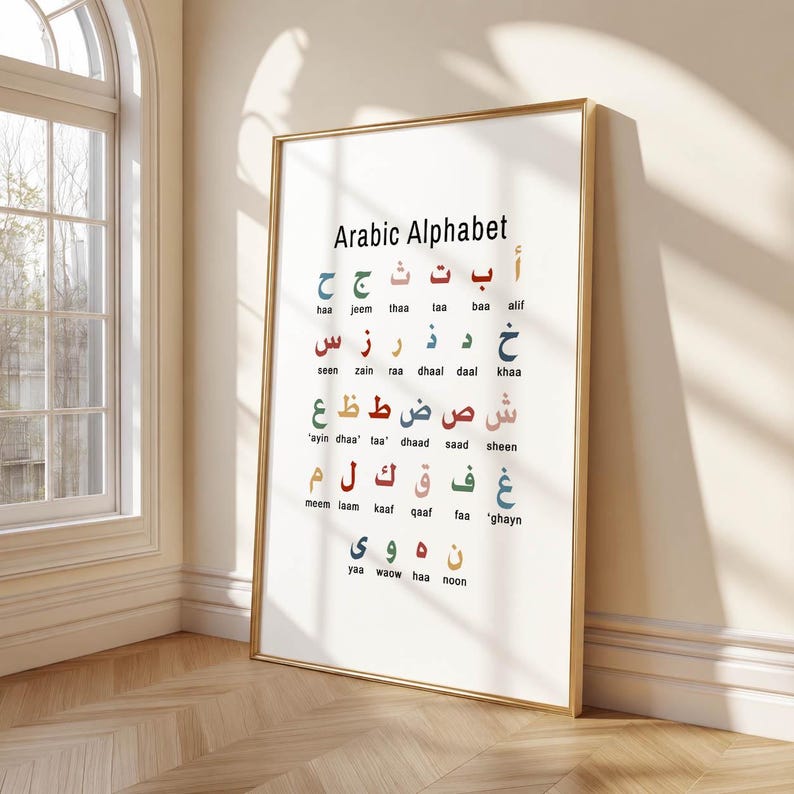 May include: A framed print featuring the Arabic alphabet in various colors. The title "Arabic Alphabet" is displayed at the top. The letters are arranged in rows, with English transliterations below each letter.
