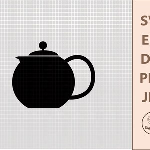May include: Black silhouette of a teapot with a rounded body, a curved handle, and a small knob on the lid. The image is a vector graphic, with file format options including SVG, EPS, DXF, PNG, and JPG.