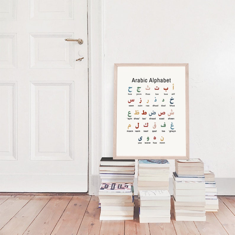 Peut inclure: Une affiche encadr&eacute;e de l'alphabet arabe, avec des lettres color&eacute;es en rouge, bleu et vert. L'affiche est affich&eacute;e contre un mur blanc, avec des piles de livres devant. Le texte "Arabic Alphabet" est en haut.