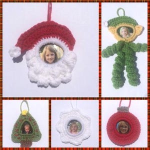 May include: Five handmade crochet Christmas decorations are shown. They include a Santa, an elf, a Christmas tree, a snowflake, and a red bauble. Each decoration has a circular opening with a photo inside. The colours are red, white, green, and yellow.