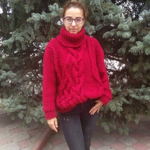 Fall clothing, Aran sweater, red holiday sweater, hand knit sweater,purl knit sweater, knited wool sweater,oversized sweater knitted