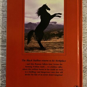 May include: The back cover of a book with a red background. A black silhouette of a rearing horse is set against a landscape. The text reads "The Black Stallion returns to his birthplace."