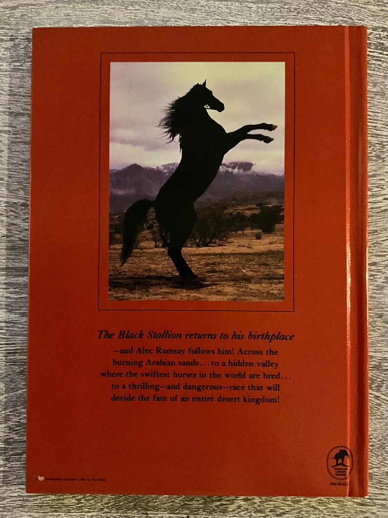 May include: The back cover of a book with a red background. A black silhouette of a rearing horse is set against a landscape. The text reads "The Black Stallion returns to his birthplace."