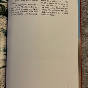 May include: Open book with text on a white page. The text includes the words "Mine?" and "Black". The page number "61" is visible. The book has a red spine and a blue edge.