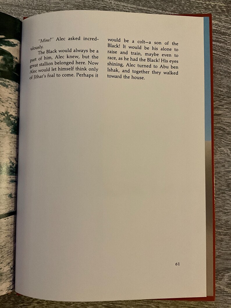 May include: Open book with text on a white page. The text includes the words "Mine?" and "Black". The page number "61" is visible. The book has a red spine and a blue edge.