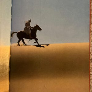 May include: A person riding a dark brown horse across a sand dune under a clear blue sky. The horse is in motion, kicking up sand. The rider is wearing light-coloured clothing and a head covering.