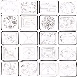 Peut inclure: Une grille de 20 croquis en noir et blanc représentant divers aliments. Les dessins incluent un chapeau de chef, des pâtisseries, des pâtes et d'autres éléments culinaires, chacun dans un cadre carré.
