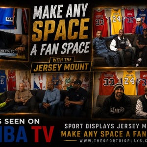 May include: An advertisement for Sport Displays jersey mounts, featuring multiple basketball jerseys displayed on walls. The ad includes the text "Make Any Space a Fan Space" and "As Seen on NBA TV."