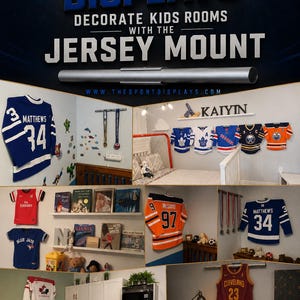 May include: Promotional image showcasing sports jersey displays for kids' rooms. The image features various jerseys mounted on walls, including hockey and baseball jerseys. The text reads "Sport Displays" and "Make Their Room Legendary."