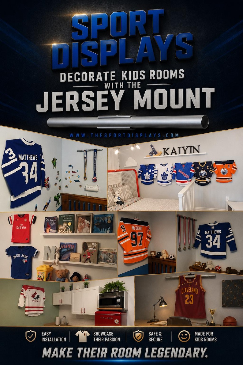 May include: Promotional image showcasing sports jersey displays for kids' rooms. The image features various jerseys mounted on walls, including hockey and baseball jerseys. The text reads "Sport Displays" and "Make Their Room Legendary."