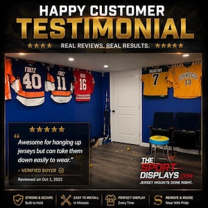 May include: Image of a room with blue walls displaying sports jerseys. The text reads "HAPPY CUSTOMER TESTIMONIAL" and "JERSEY MOUNTS DONE RIGHT." A customer review states the product is "Awesome for hanging up jerseys but can take them down easily to wear."