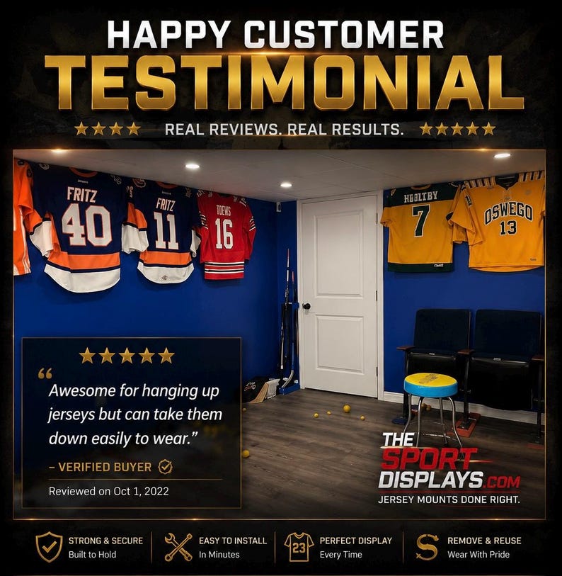 May include: Image of a room with blue walls displaying sports jerseys. The text reads "HAPPY CUSTOMER TESTIMONIAL" and "JERSEY MOUNTS DONE RIGHT." A customer review states the product is "Awesome for hanging up jerseys but can take them down easily to wear."