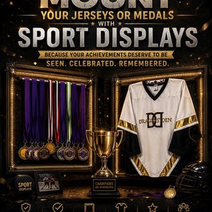 May include: A promotional image for Sport Displays, showcasing framed jerseys and medals. The image features a white and gold hockey jersey, medals with purple ribbons, and a trophy. Text includes "Mount Your Jerseys or Medals" and "Champions Are Remembered."