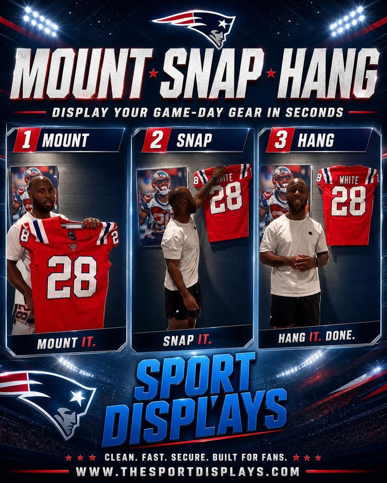 May include: A promotional image for Sport Displays, featuring a step-by-step guide to mounting a jersey. The image shows a red and white jersey with the number 28. The text reads "Mount, Snap, Hang" and "Display your game-day gear in seconds."