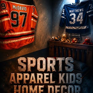 May include: Orange and black hockey jersey with "McDavid" and the number 97, and a blue hockey jersey with "Matthews" and the number 34. The image also features the text "SPORTS APPAREL KIDS HOME DECOR".