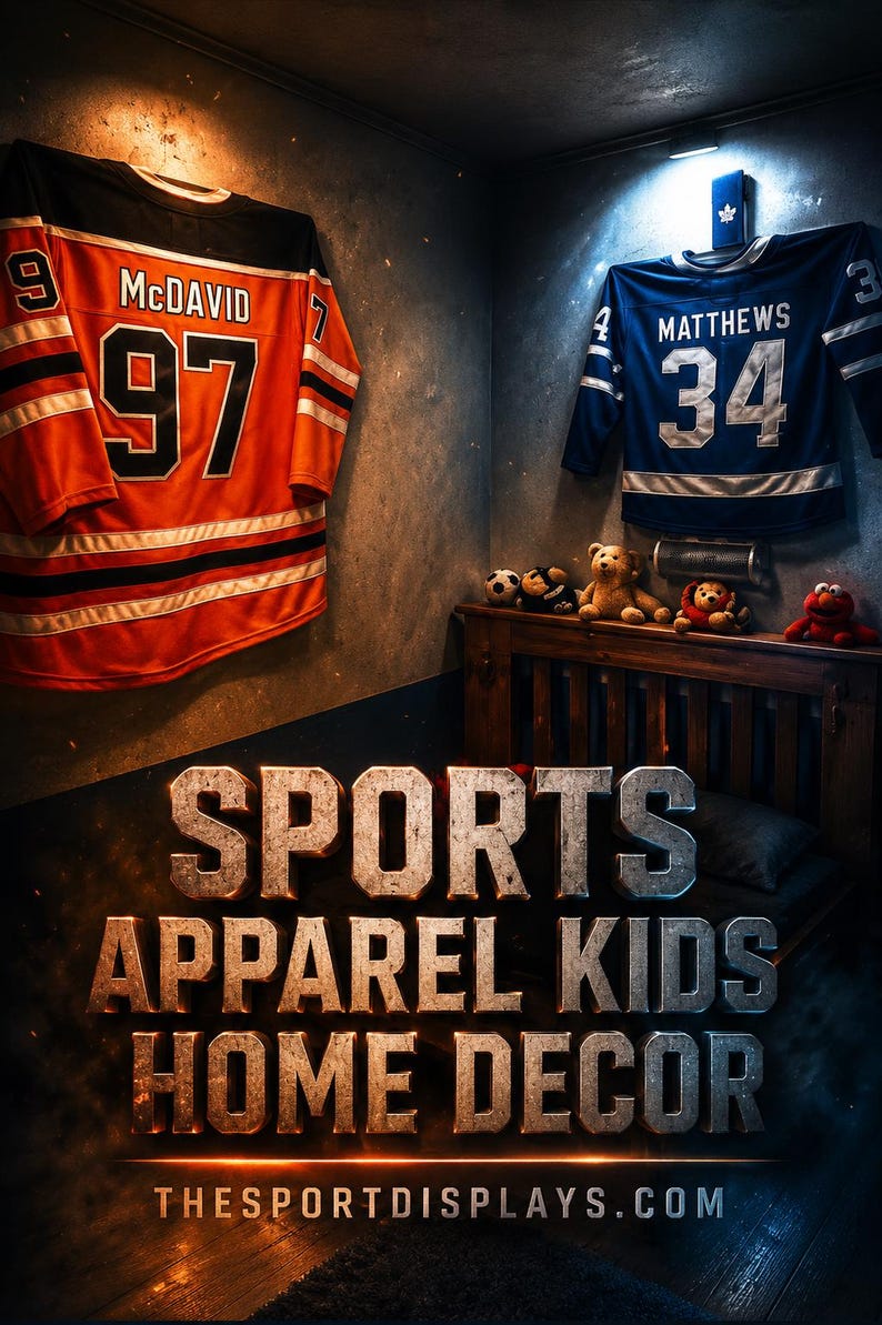 May include: Orange and black hockey jersey with "McDavid" and the number 97, and a blue hockey jersey with "Matthews" and the number 34. The image also features the text "SPORTS APPAREL KIDS HOME DECOR".