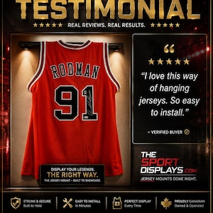May include: A red basketball jersey with the name "RODMAN" and the number "91" in black and white. The jersey is displayed in a shadow box with the text "HAPPY CUSTOMER TESTIMONIAL" at the top.