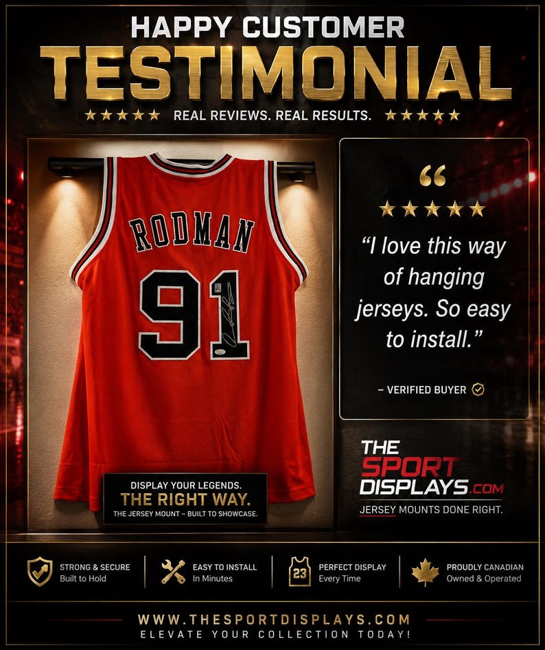 May include: A red basketball jersey with the name "RODMAN" and the number "91" in black and white. The jersey is displayed in a shadow box with the text "HAPPY CUSTOMER TESTIMONIAL" at the top.