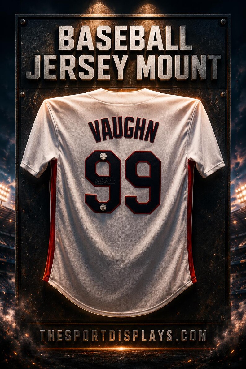 May include: A baseball jersey mount featuring a white jersey with the name "VAUGHN" and the number "99" in black. The jersey has red accents and is displayed on a textured metal background. The text "BASEBALL JERSEY MOUNT" is at the top.