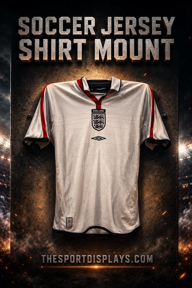 May include: A white soccer jersey with red accents and the England emblem, mounted on a textured surface. The text "SOCCER JERSEY SHIRT MOUNT" is displayed above the jersey. The website address is at the bottom.