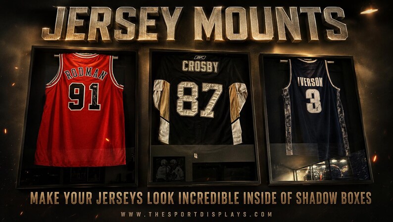 May include: Three framed sports jerseys displayed in shadow boxes. The jerseys are red with "RODMAN 91", black with "CROSBY 87", and blue with "IVERSON 3". The text "JERSEY MOUNTS" is at the top. The text "MAKE YOUR JERSEYS LOOK INCREDIBLE INSIDE OF SHADOW BOXES" is at the bottom.